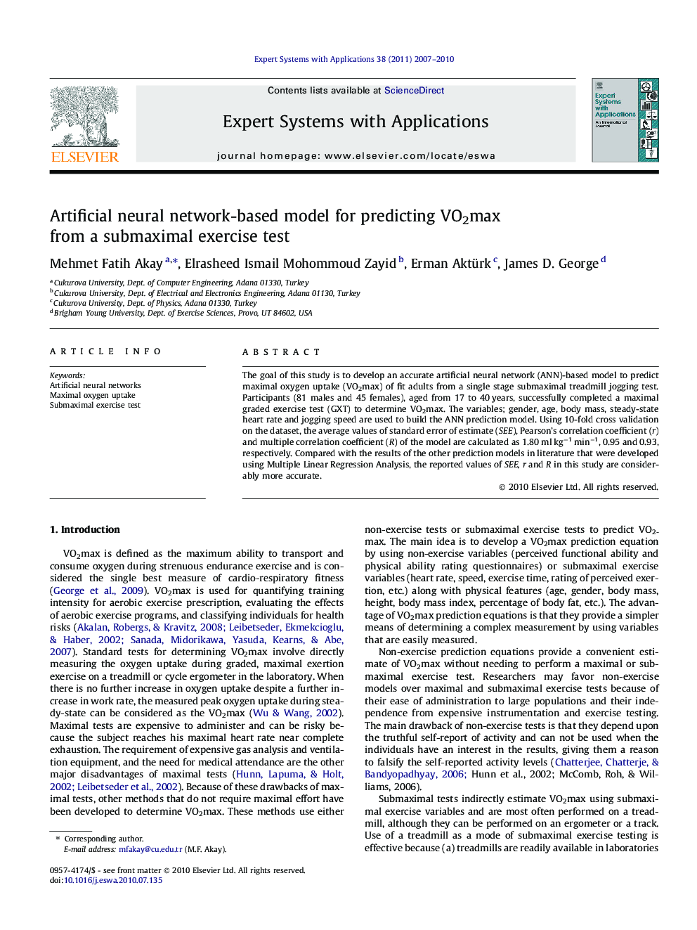 Artificial neural network-based model for predicting VO2max from a submaximal exercise test