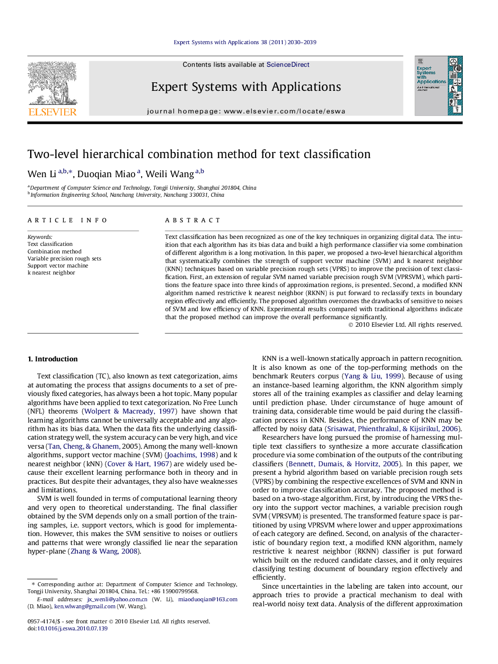 Two-level hierarchical combination method for text classification