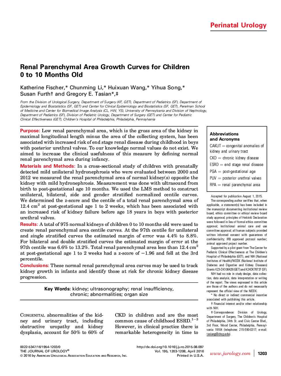 Renal Parenchymal Area Growth Curves for Children 0 to 10 Months Old 