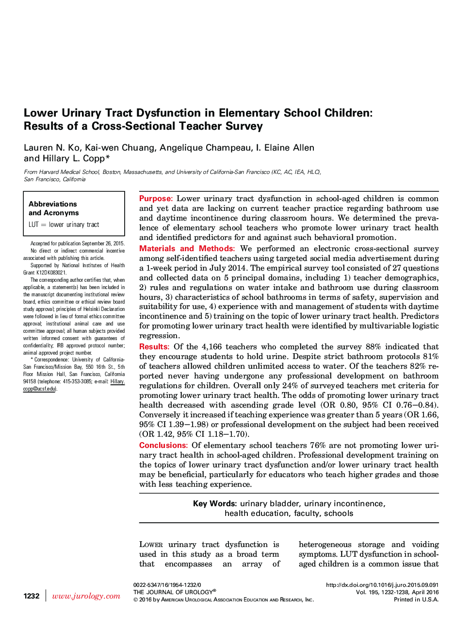 Lower Urinary Tract Dysfunction in Elementary School Children: Results of a Cross-Sectional Teacher Survey 