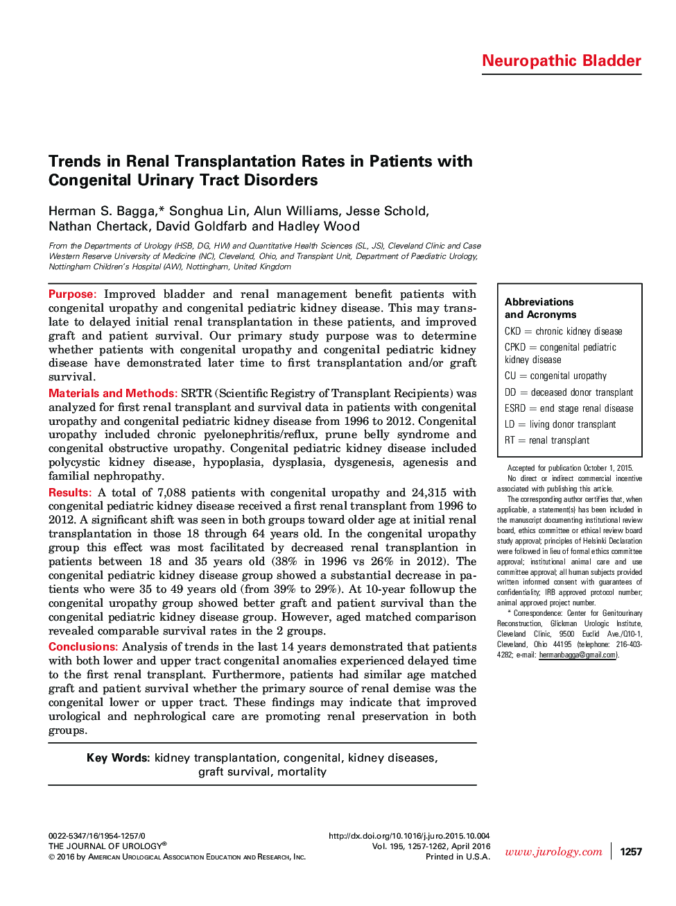 Trends in Renal Transplantation Rates in Patients with Congenital Urinary Tract Disorders 