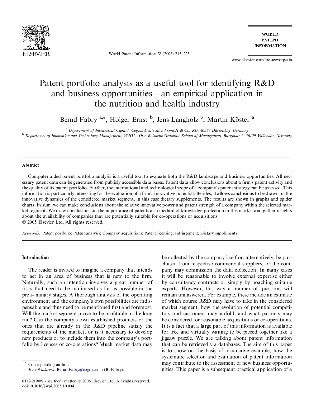 Patent portfolio analysis as a useful tool for identifying R&D and business opportunities—an empirical application in the nutrition and health industry