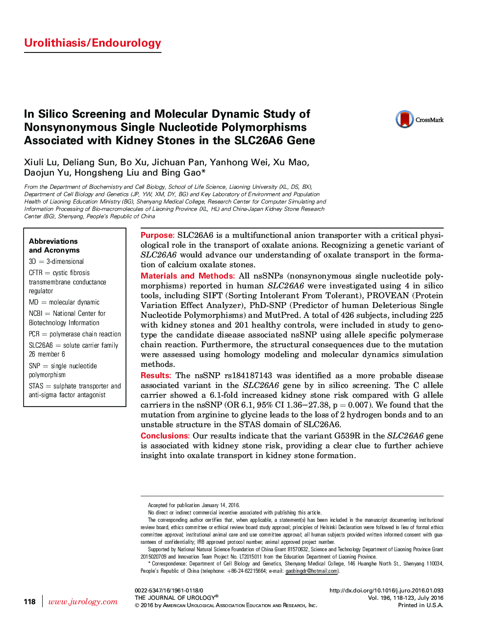 In Silico Screening and Molecular Dynamic Study of Nonsynonymous Single Nucleotide Polymorphisms Associated with Kidney Stones in the SLC26A6 Gene 