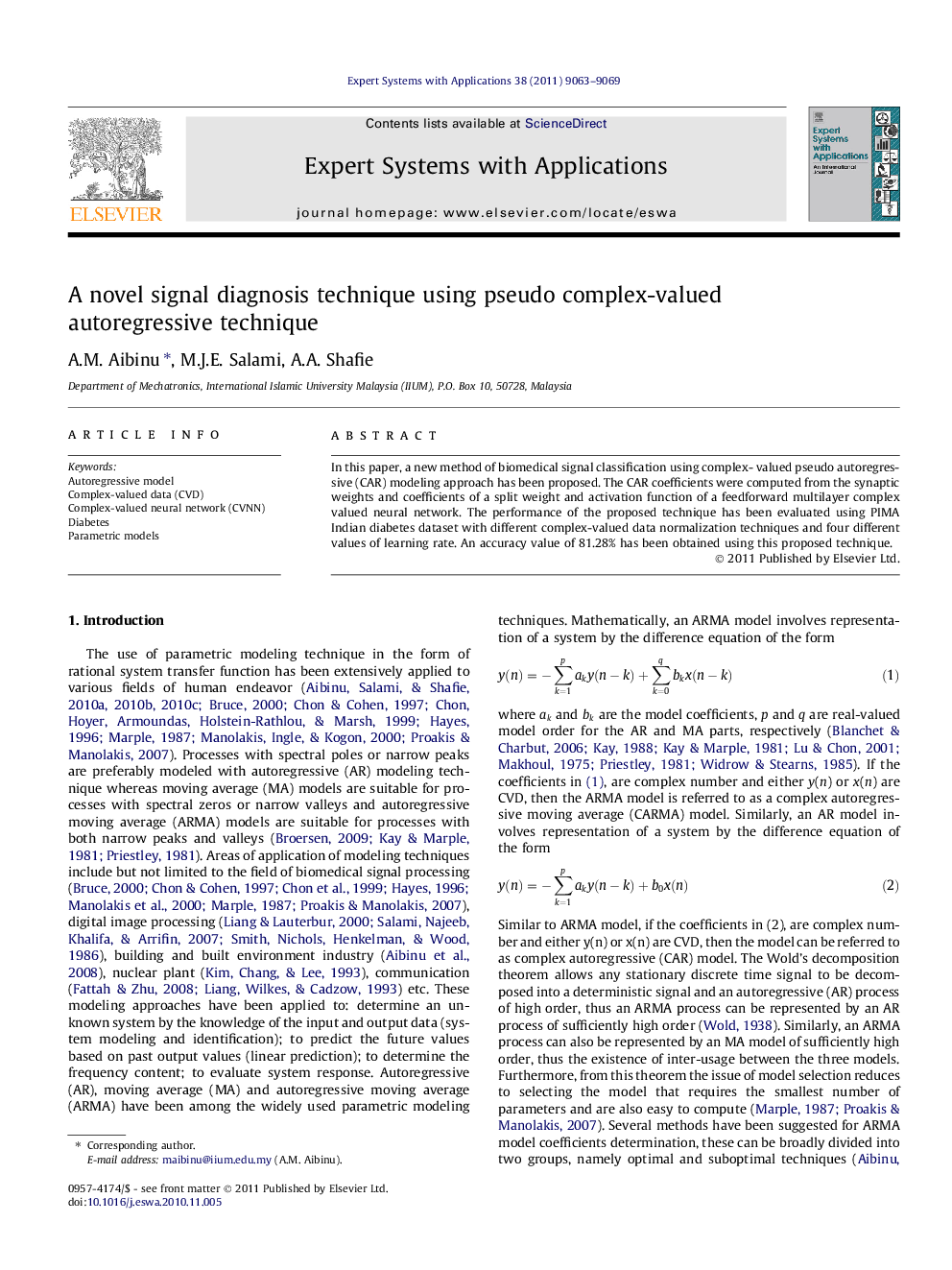 A novel signal diagnosis technique using pseudo complex-valued autoregressive technique