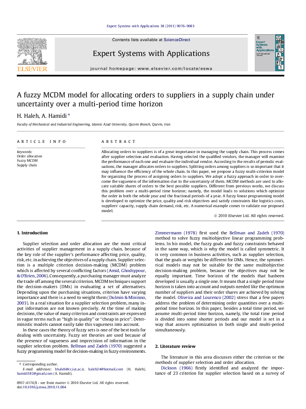 A fuzzy MCDM model for allocating orders to suppliers in a supply chain under uncertainty over a multi-period time horizon