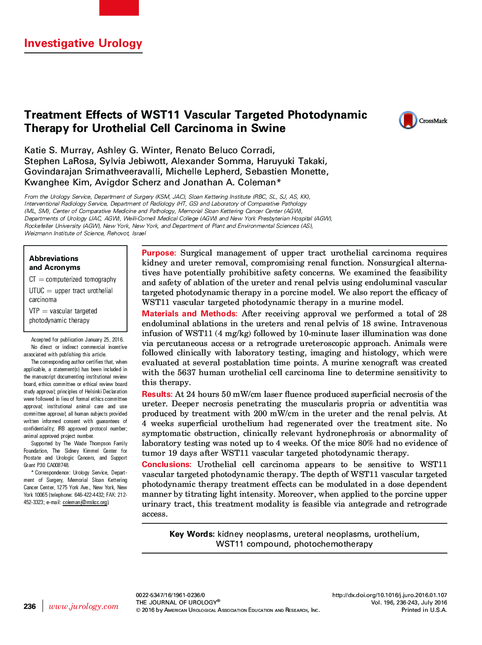 Treatment Effects of WST11 Vascular Targeted Photodynamic Therapy for Urothelial Cell Carcinoma in Swine 