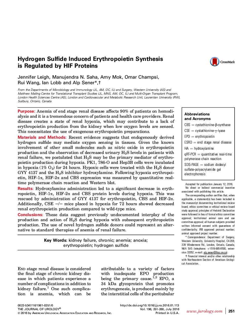 Hydrogen Sulfide Induced Erythropoietin Synthesis is Regulated by HIF Proteins 