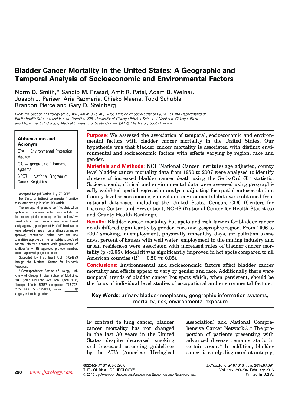 Bladder Cancer Mortality in the United States: A Geographic and Temporal Analysis of Socioeconomic and Environmental Factors 