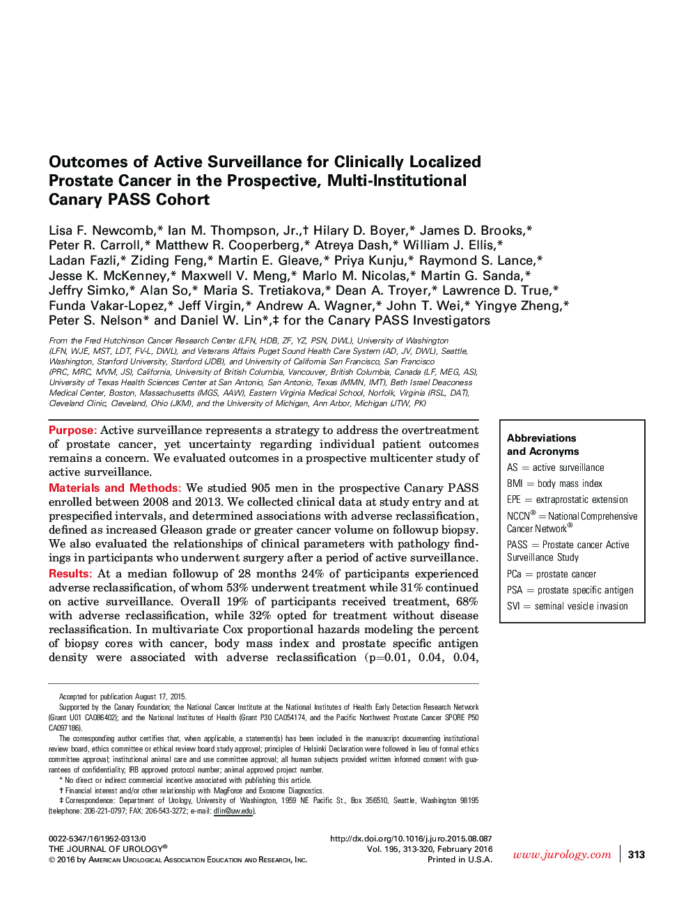 عکس صفحه اول مقاله: Outcomes of Active Surveillance for Clinically Localized Prostate Cancer in the Prospective, Multi-Institutional Canary PASS Cohort Outcomes of Active Surveillance for Clinically Localized Prostate Cancer in the Prospective, Multi-Institutional Canary PASS Cohort