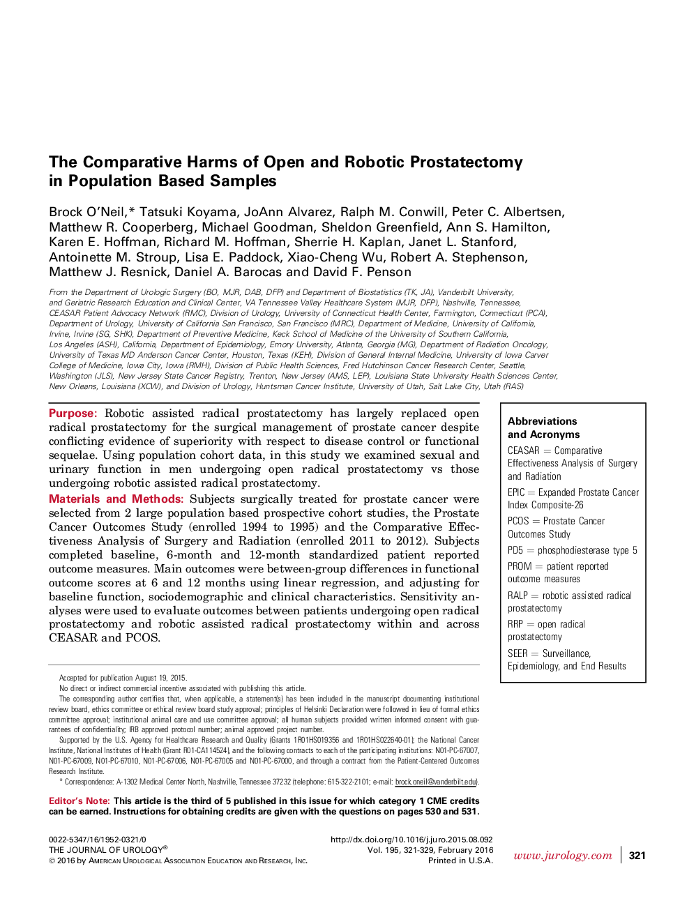 The Comparative Harms of Open and Robotic Prostatectomy in Population Based Samples 