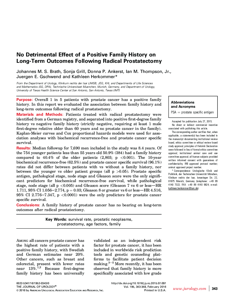 No Detrimental Effect of a Positive Family History on Long-Term Outcomes Following Radical Prostatectomy 