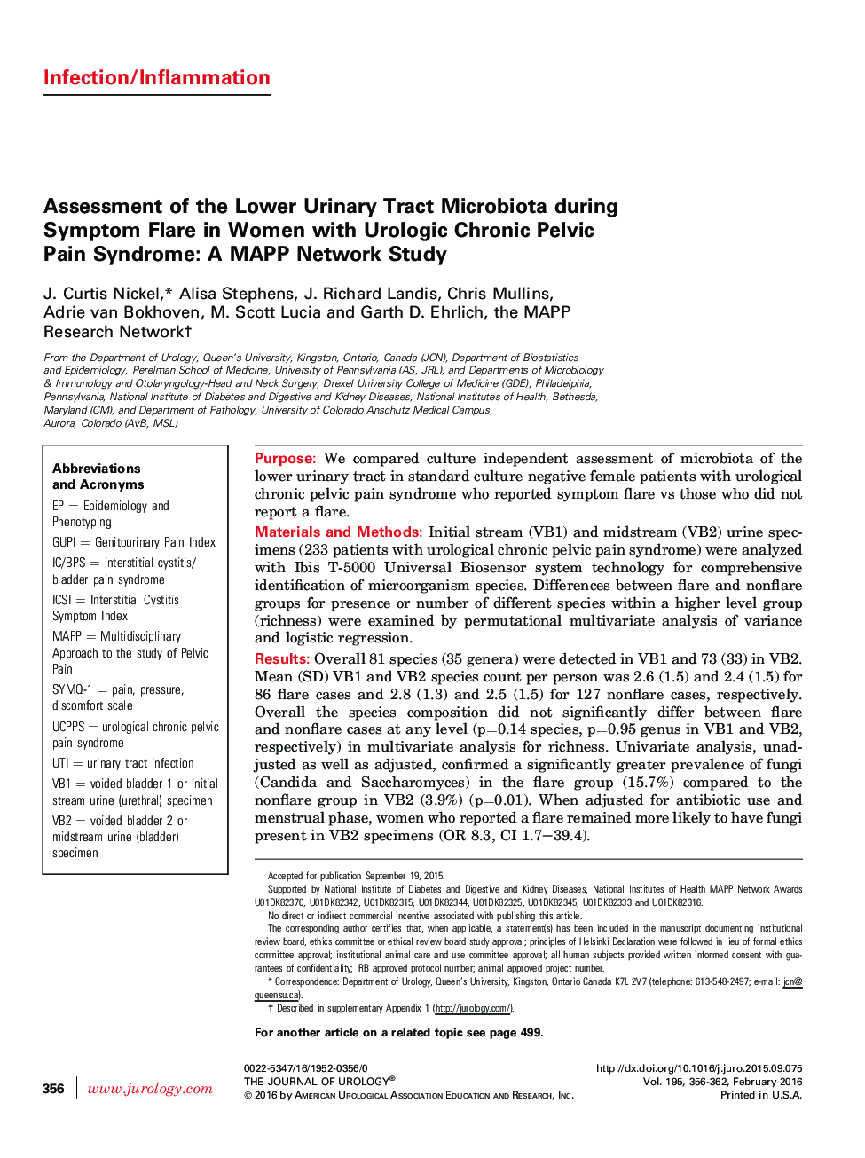 Assessment of the Lower Urinary Tract Microbiota during Symptom Flare in Women with Urologic Chronic Pelvic Pain Syndrome: A MAPP Network Study