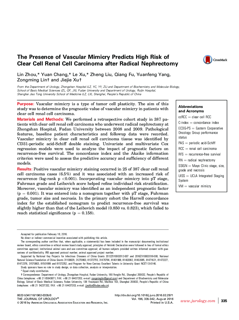 The Presence of Vascular Mimicry Predicts High Risk of Clear Cell Renal Cell Carcinoma after Radical Nephrectomy 