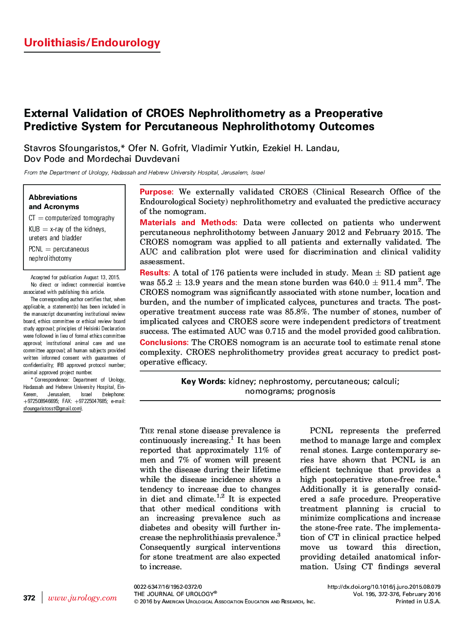 External Validation of CROES Nephrolithometry as a Preoperative Predictive System for Percutaneous Nephrolithotomy Outcomes