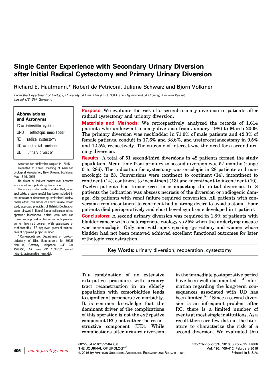 Single Center Experience with Secondary Urinary Diversion after Initial Radical Cystectomy and Primary Urinary Diversion 