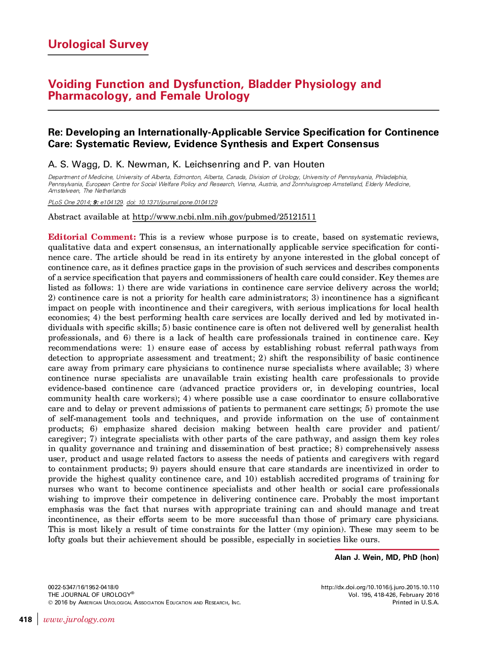 Re: Developing an Internationally-Applicable Service Specification for Continence Care: Systematic Review, Evidence Synthesis and Expert Consensus