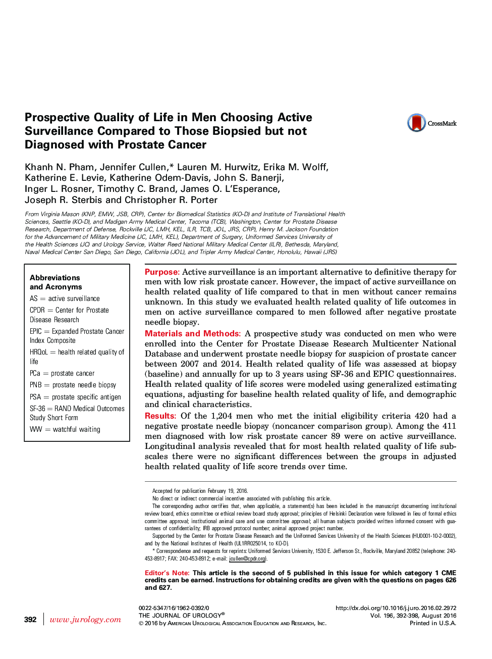 Prospective Quality of Life in Men Choosing Active Surveillance Compared to Those Biopsied but not Diagnosed with Prostate Cancer 