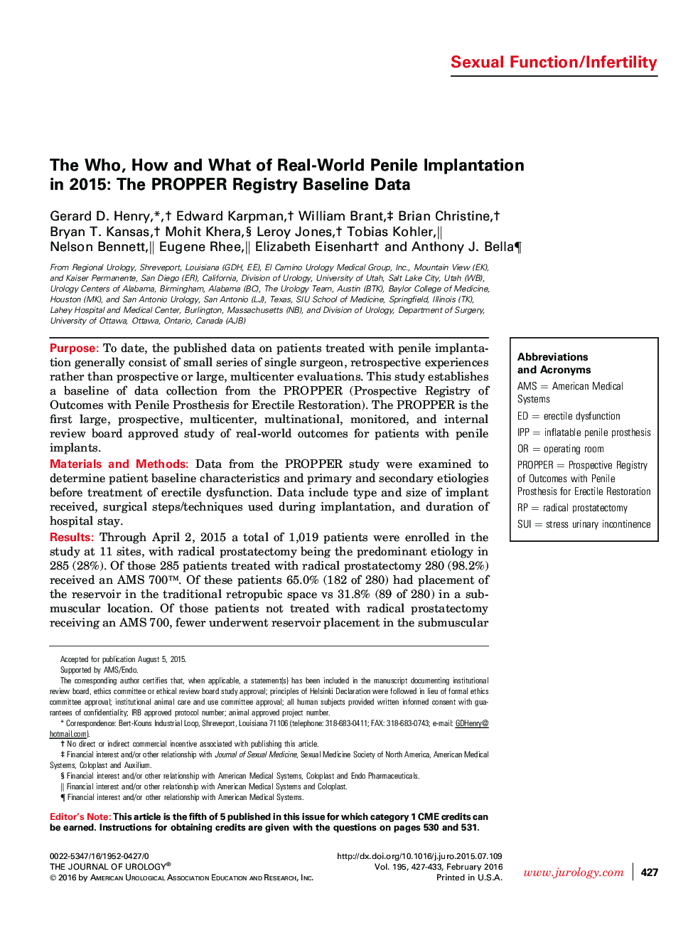 The Who, How and What of Real-World Penile Implantation in 2015: The PROPPER Registry Baseline Data 