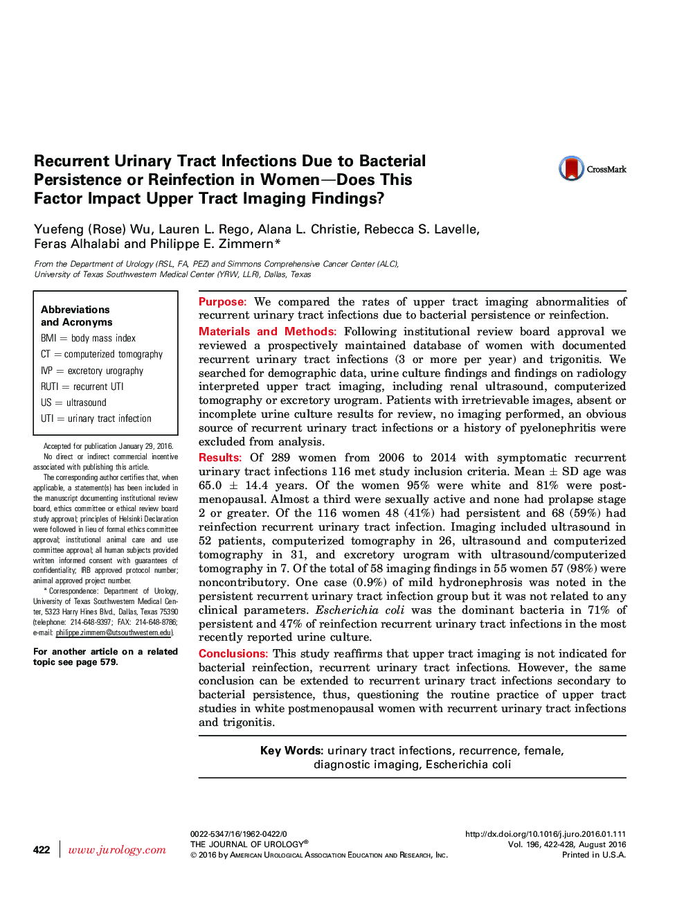 Recurrent Urinary Tract Infections Due to Bacterial Persistence or Reinfection in Women—Does This Factor Impact Upper Tract Imaging Findings? 