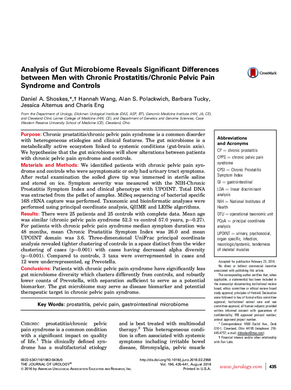 Analysis of Gut Microbiome Reveals Significant Differences between Men with Chronic Prostatitis/Chronic Pelvic Pain Syndrome and Controls 