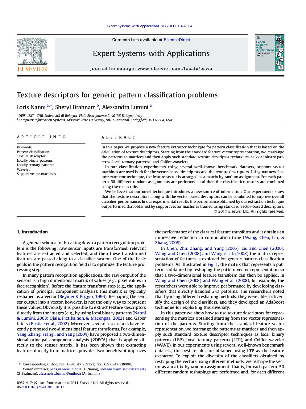 Texture descriptors for generic pattern classification problems