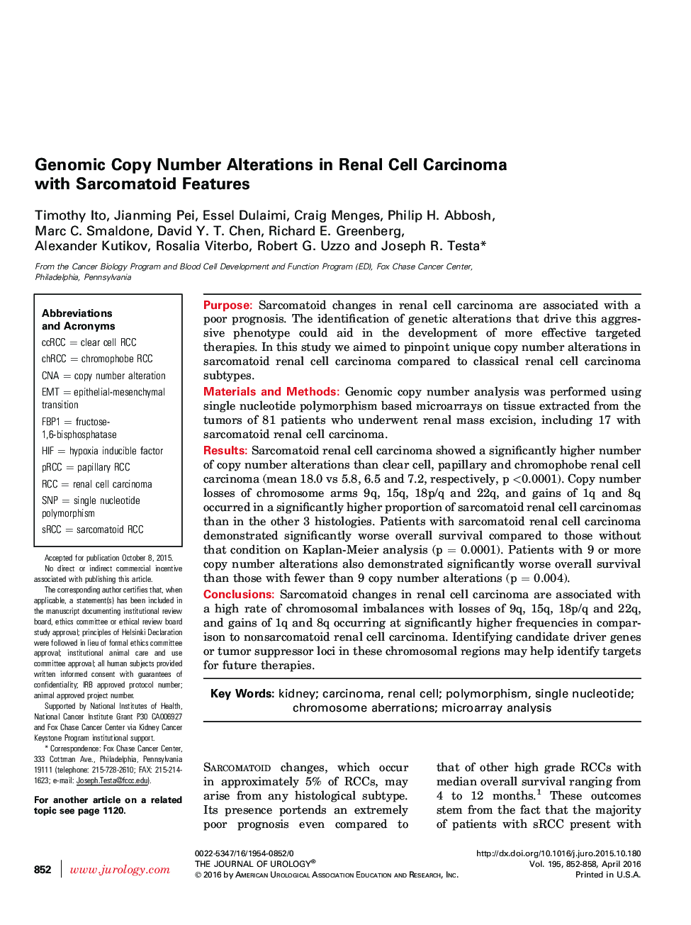 Genomic Copy Number Alterations in Renal Cell Carcinoma with Sarcomatoid Features 