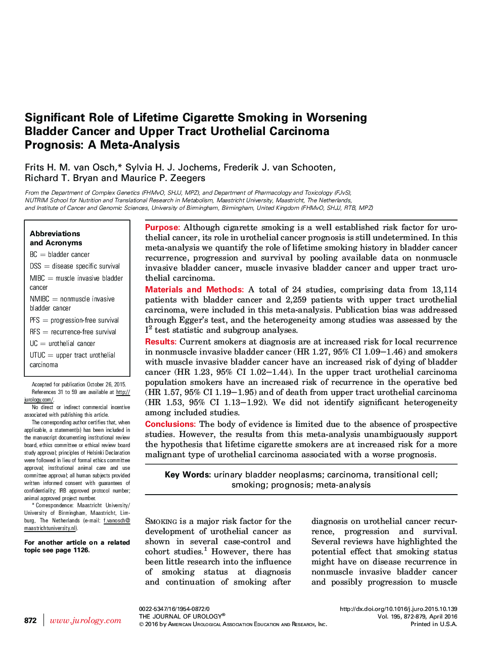 Significant Role of Lifetime Cigarette Smoking in Worsening Bladder Cancer and Upper Tract Urothelial Carcinoma Prognosis: A Meta-Analysis 