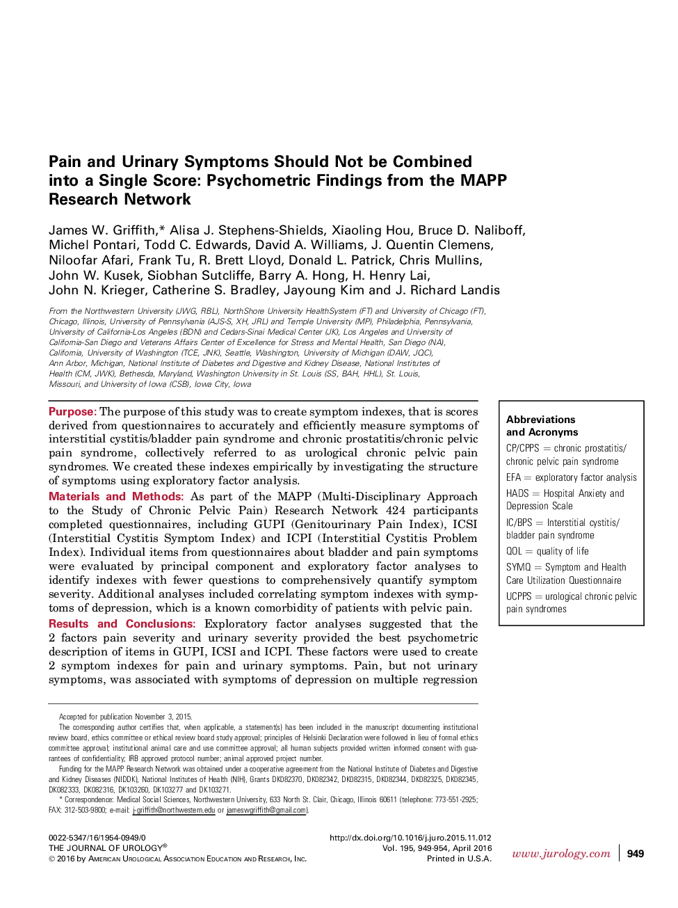 Pain and Urinary Symptoms Should Not be Combined into a Single Score: Psychometric Findings from the MAPP Research Network