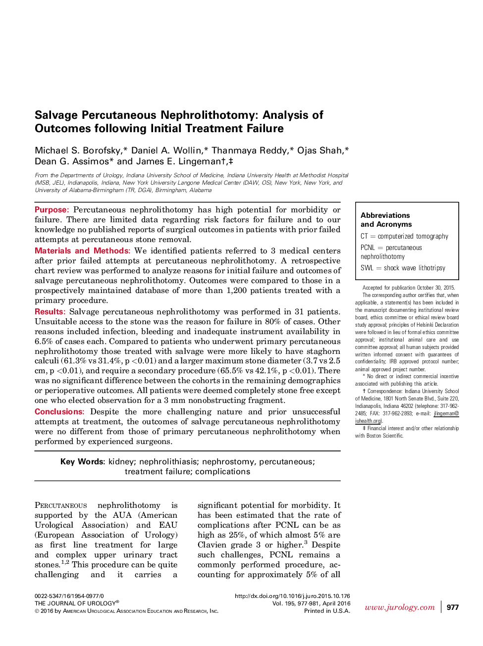 Salvage Percutaneous Nephrolithotomy: Analysis of Outcomes following Initial Treatment Failure 