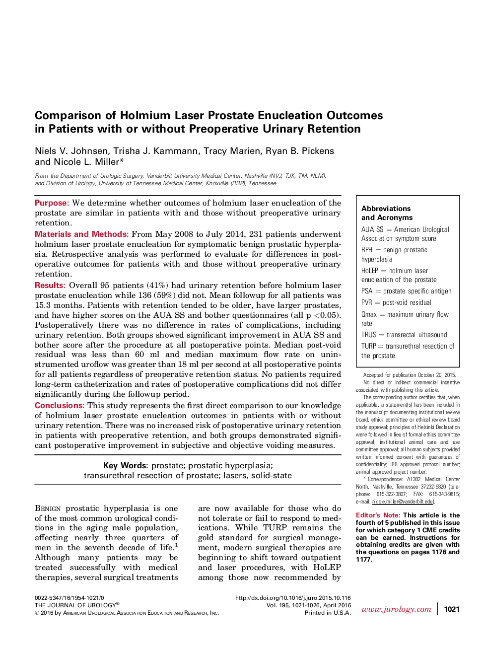 Comparison of Holmium Laser Prostate Enucleation Outcomes in Patients with or without Preoperative Urinary Retention 