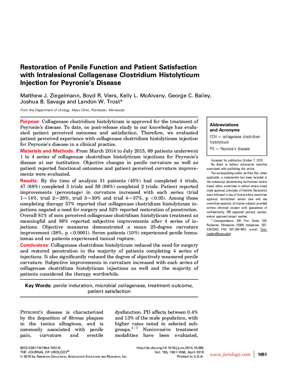 Restoration of Penile Function and Patient Satisfaction with Intralesional Collagenase Clostridium Histolyticum Injection for Peyronie’s Disease 