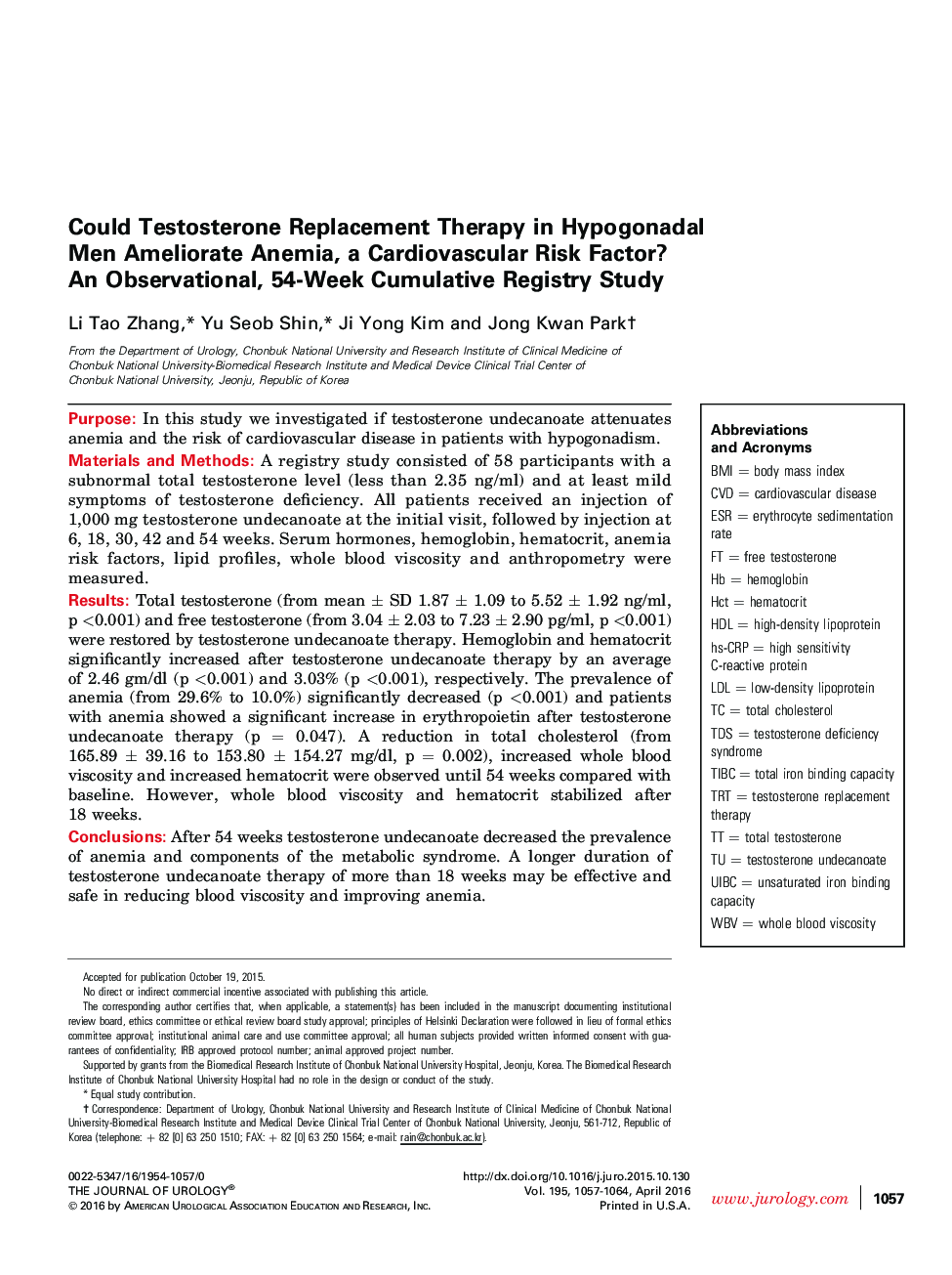 Could Testosterone Replacement Therapy in Hypogonadal Men Ameliorate Anemia, a Cardiovascular Risk Factor? An Observational, 54-Week Cumulative Registry Study 
