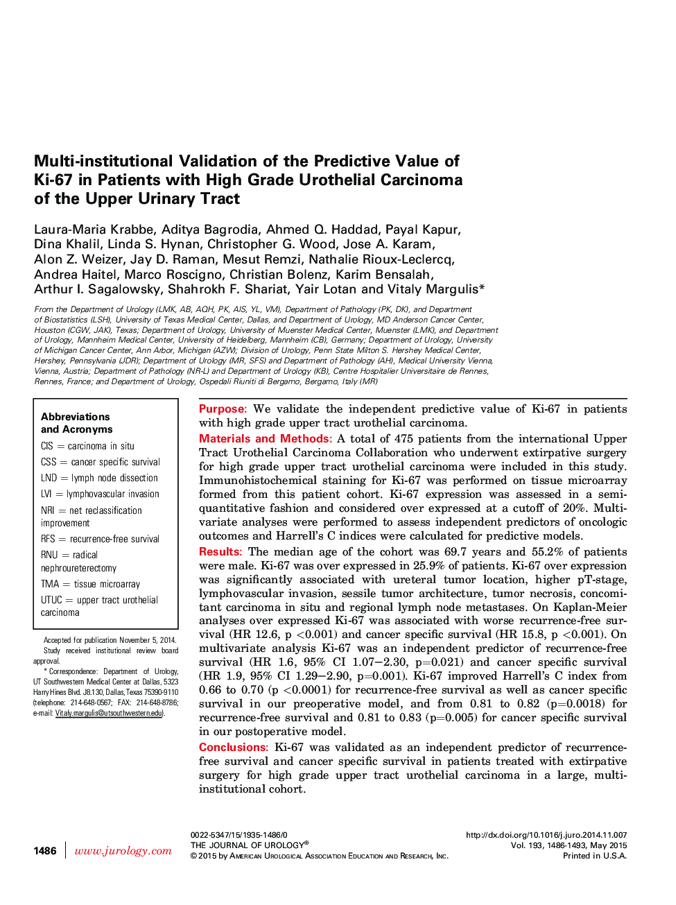 Multi-institutional Validation of the Predictive Value of Ki-67 in Patients with High Grade Urothelial Carcinoma of the Upper Urinary Tract