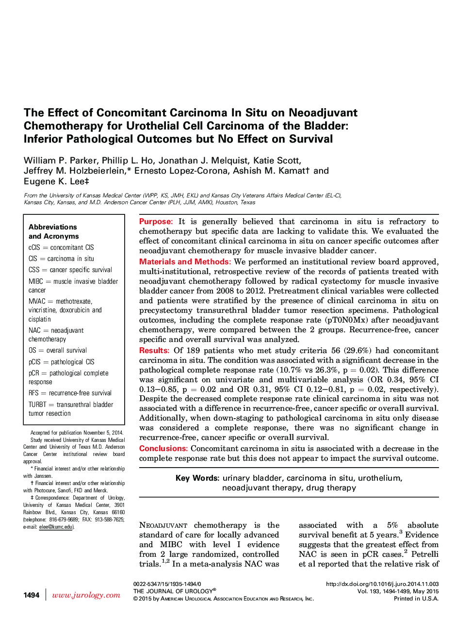 The Effect of Concomitant Carcinoma In Situ on Neoadjuvant Chemotherapy for Urothelial Cell Carcinoma of the Bladder: Inferior Pathological Outcomes but No Effect on Survival 