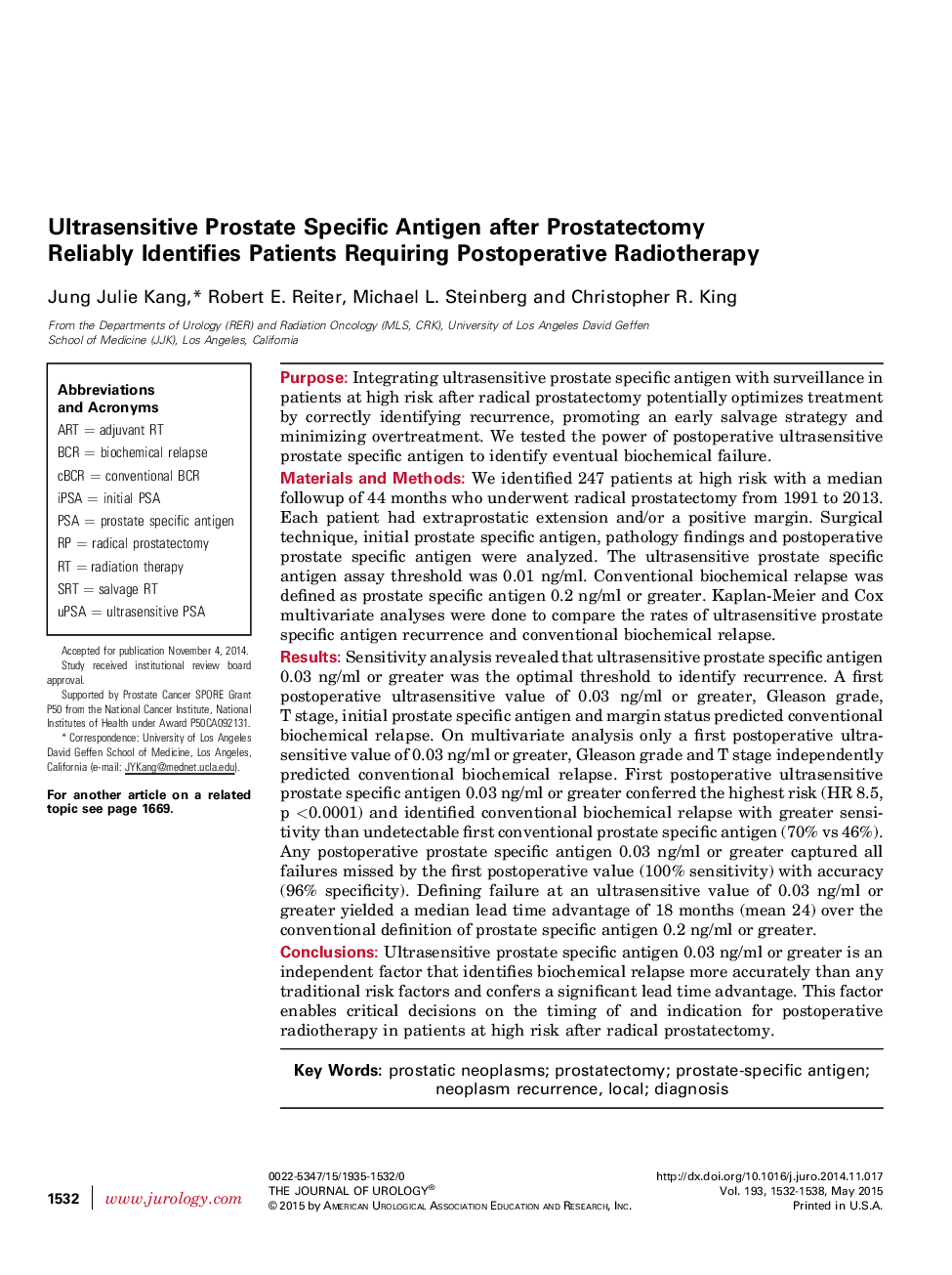 Ultrasensitive Prostate Specific Antigen after Prostatectomy Reliably Identifies Patients Requiring Postoperative Radiotherapy