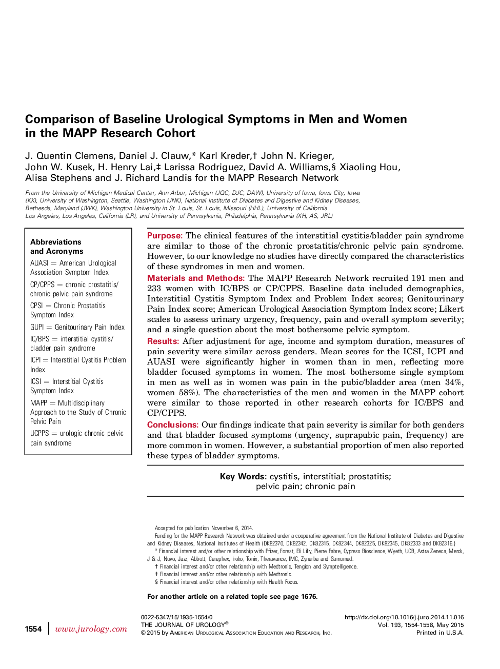 Comparison of Baseline Urological Symptoms in Men and Women in the MAPP Research Cohort 