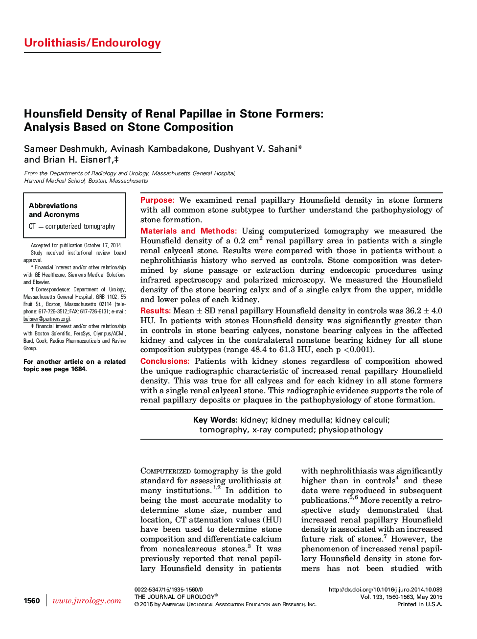 Hounsfield Density of Renal Papillae in Stone Formers: Analysis Based on Stone Composition