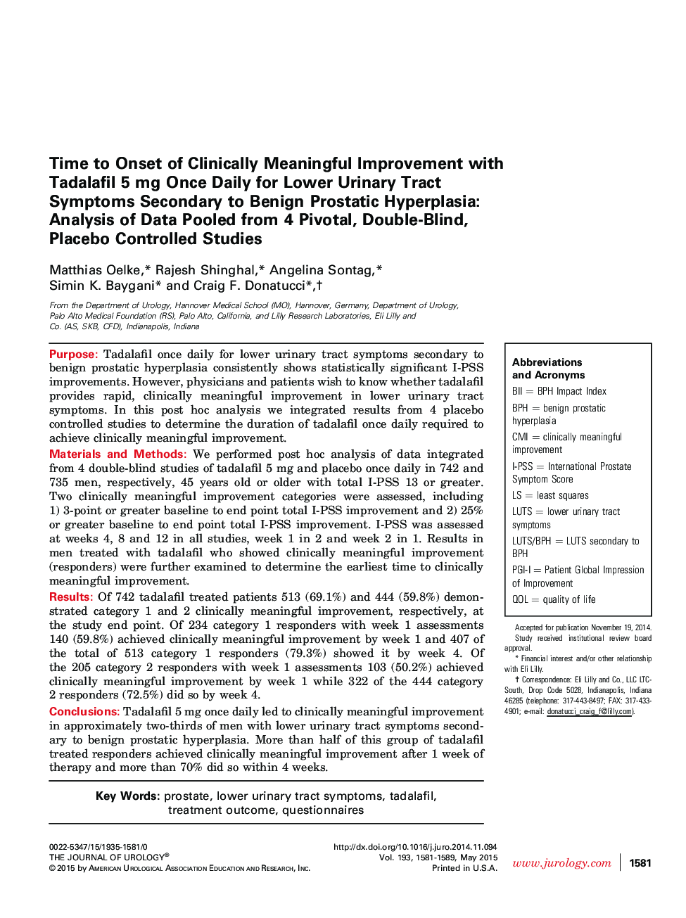 Time to Onset of Clinically Meaningful Improvement with Tadalafil 5 mg Once Daily for Lower Urinary Tract Symptoms Secondary to Benign Prostatic Hyperplasia: Analysis of Data Pooled from 4 Pivotal, Double-Blind, Placebo Controlled Studies 