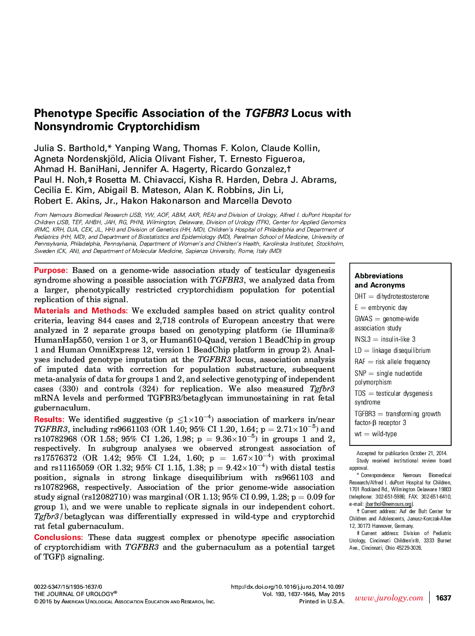 Phenotype Specific Association of the TGFBR3 Locus with Nonsyndromic Cryptorchidism 