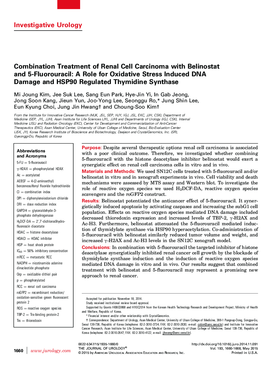 Combination Treatment of Renal Cell Carcinoma with Belinostat and 5-Fluorouracil: A Role for Oxidative Stress Induced DNA Damage and HSP90 Regulated Thymidine Synthase 