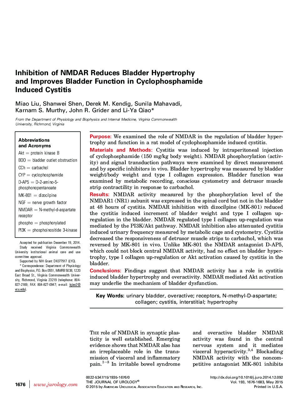 Inhibition of NMDAR Reduces Bladder Hypertrophy and Improves Bladder Function in Cyclophosphamide Induced Cystitis