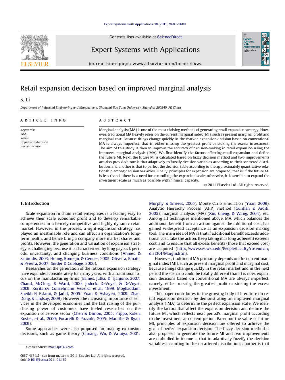 Retail expansion decision based on improved marginal analysis