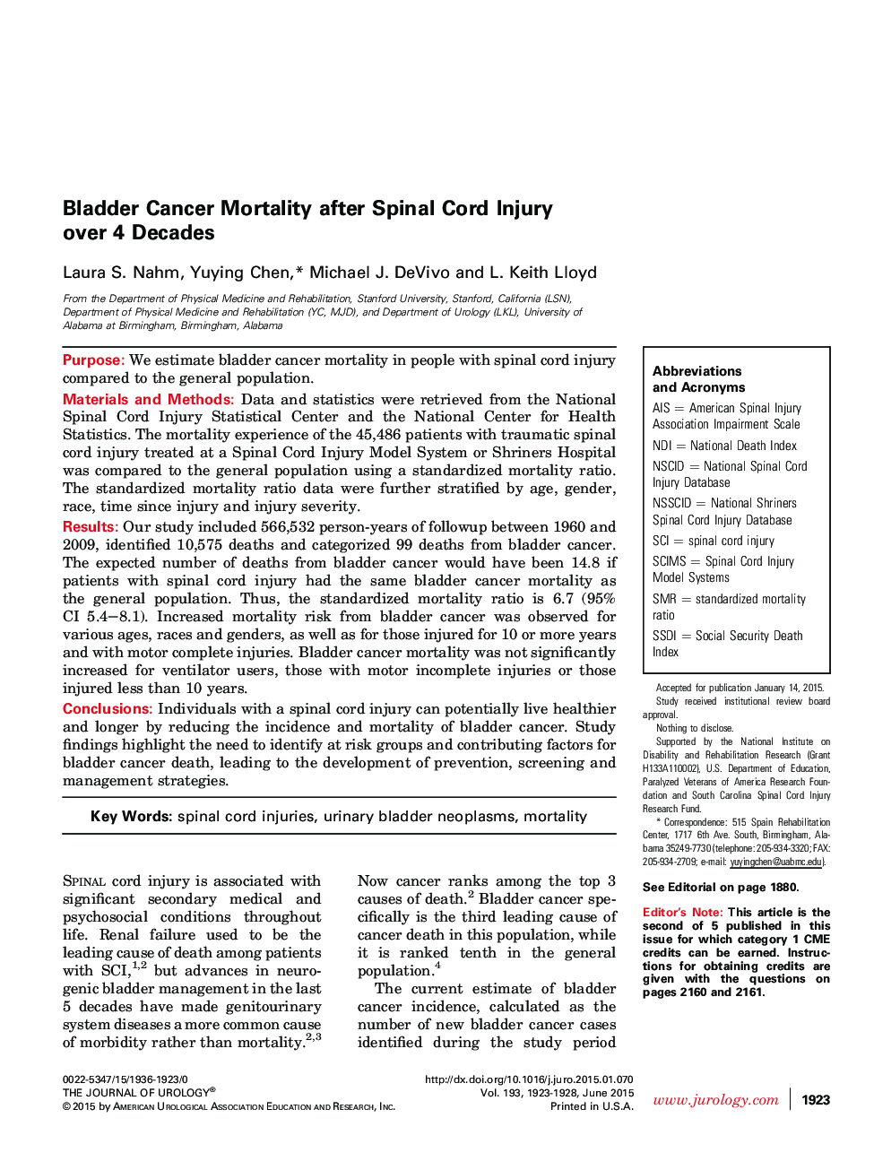 Bladder Cancer Mortality after Spinal Cord Injury over 4 Decades