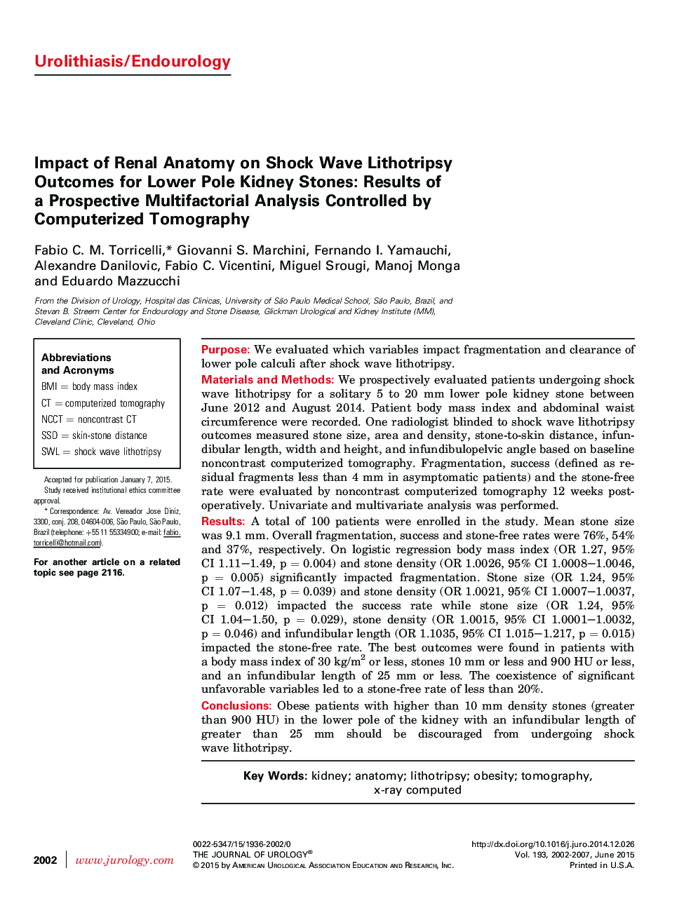 Impact of Renal Anatomy on Shock Wave Lithotripsy Outcomes for Lower Pole Kidney Stones: Results of a Prospective Multifactorial Analysis Controlled by Computerized Tomography 