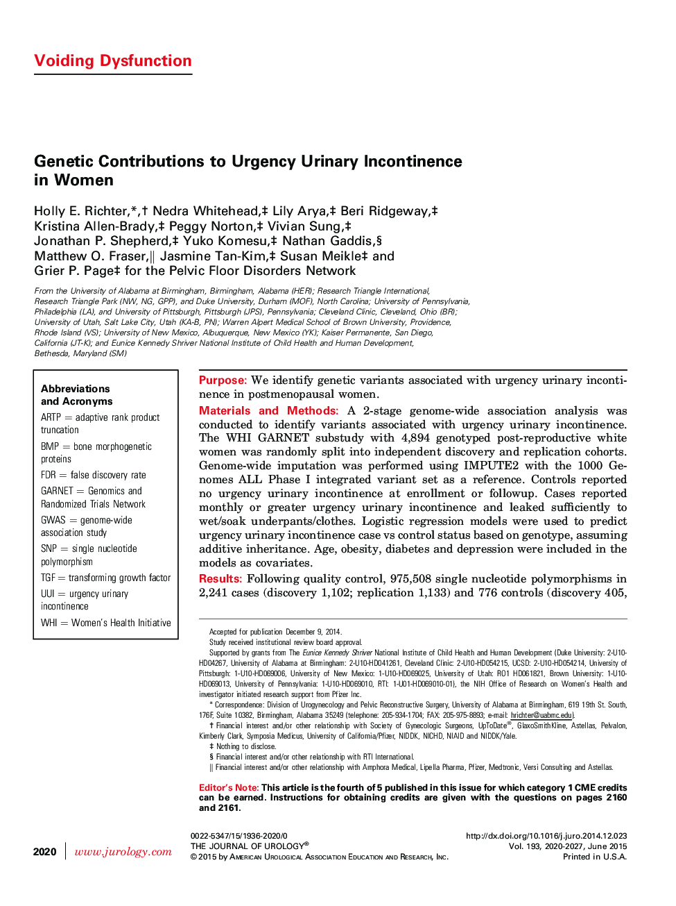 Genetic Contributions to Urgency Urinary Incontinence in Women 