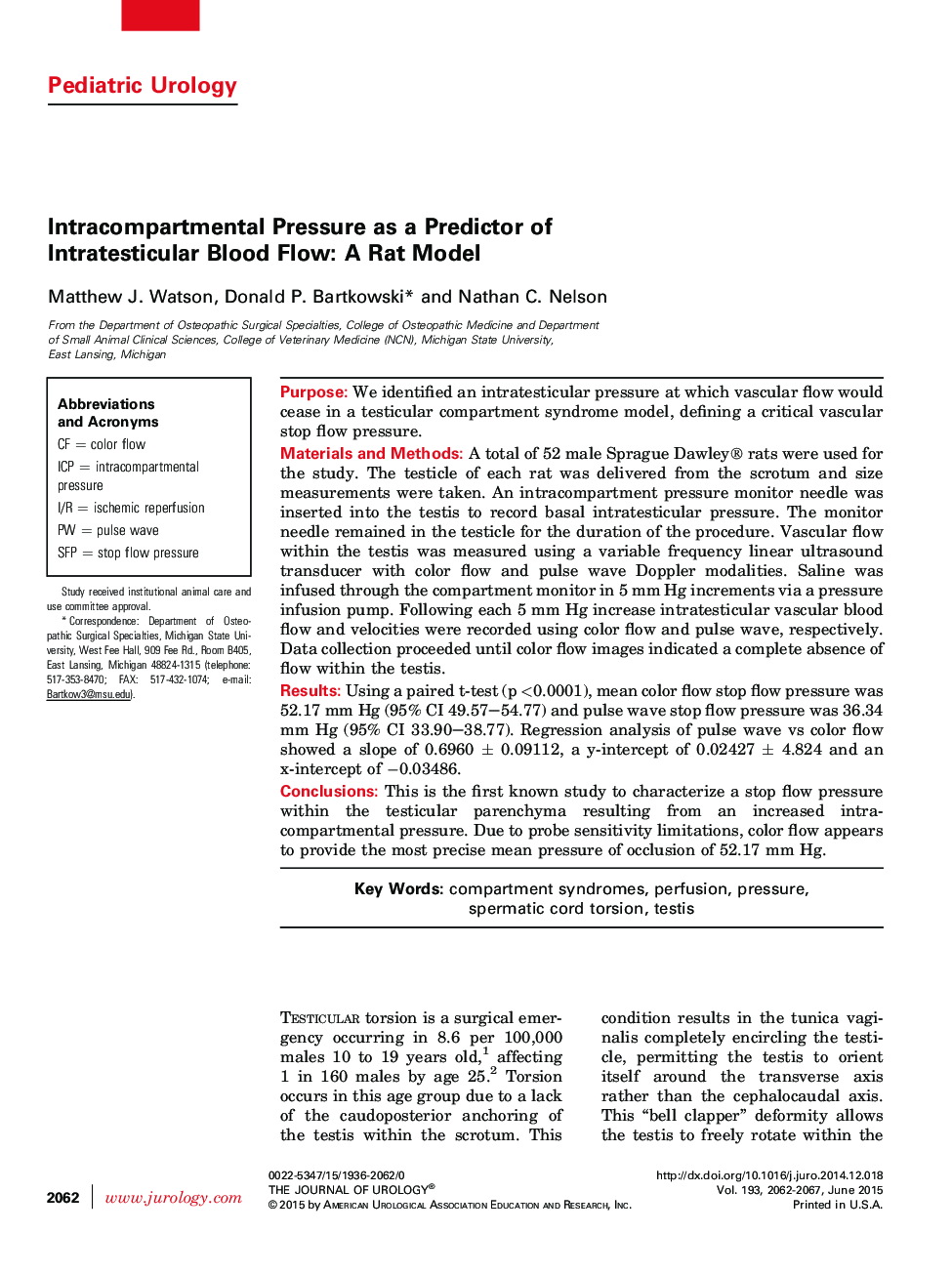 Intracompartmental Pressure as a Predictor of Intratesticular Blood Flow: A Rat Model 