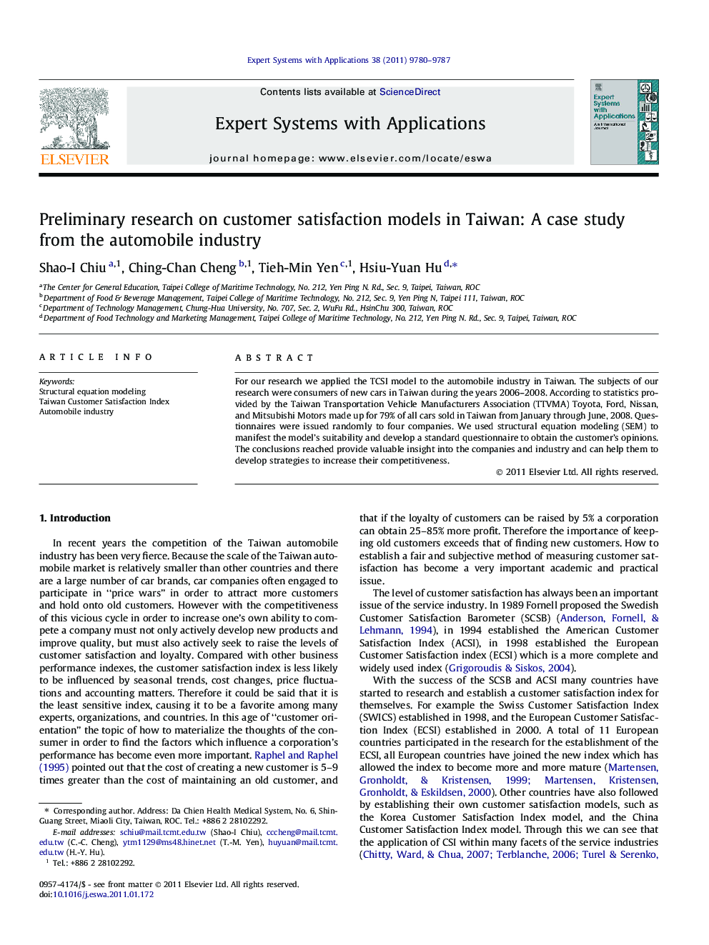 Preliminary research on customer satisfaction models in Taiwan: A case study from the automobile industry