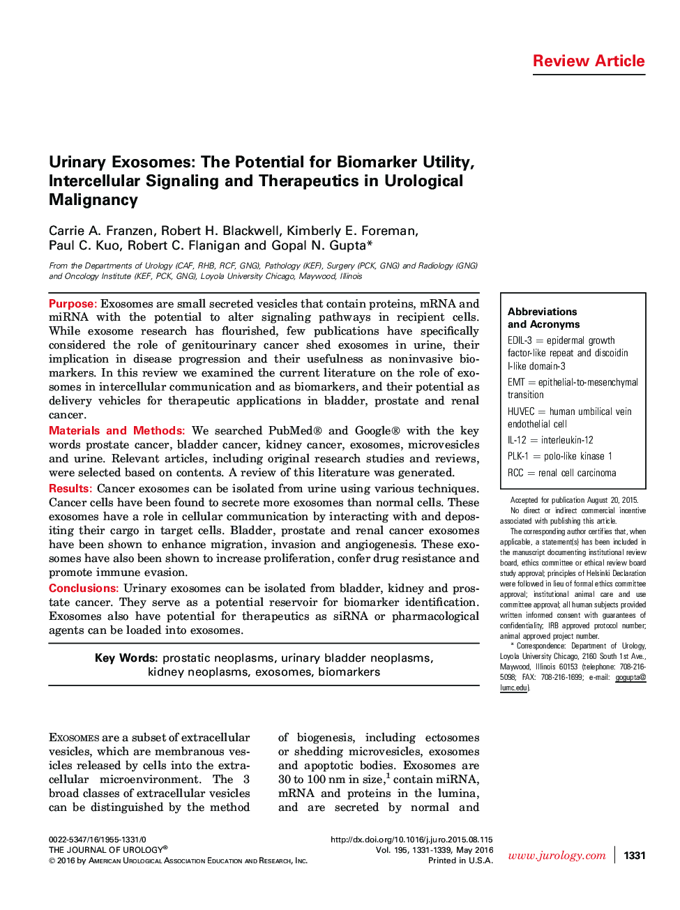 Urinary Exosomes: The Potential for Biomarker Utility, Intercellular Signaling and Therapeutics in Urological Malignancy 