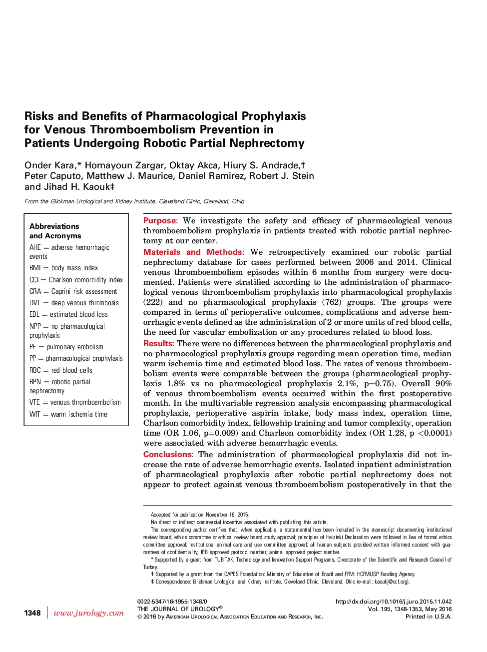 Risks and Benefits of Pharmacological Prophylaxis for Venous Thromboembolism Prevention in Patients Undergoing Robotic Partial Nephrectomy 