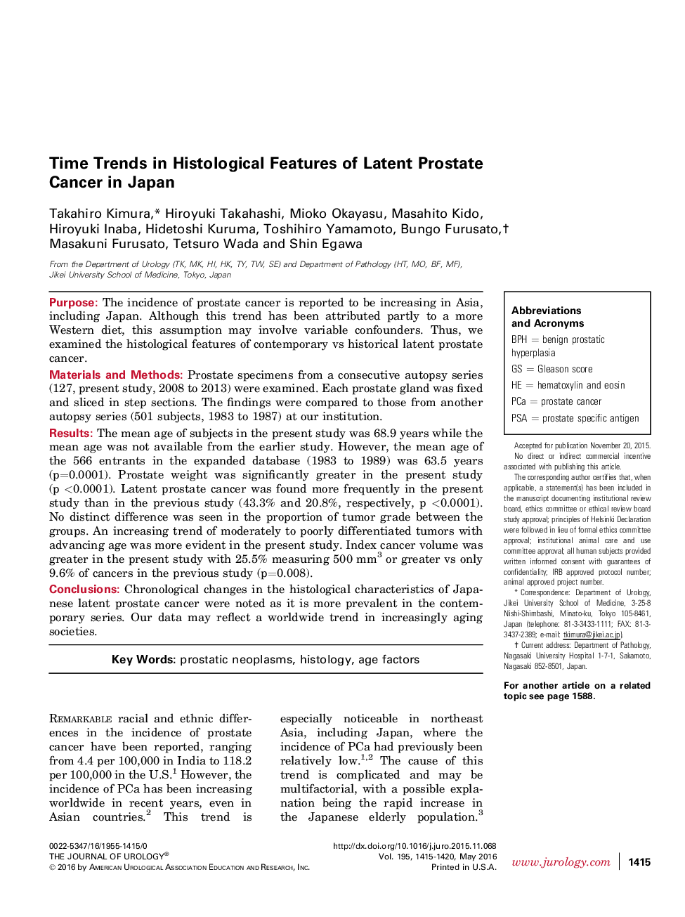 Time Trends in Histological Features of Latent Prostate Cancer in Japan 